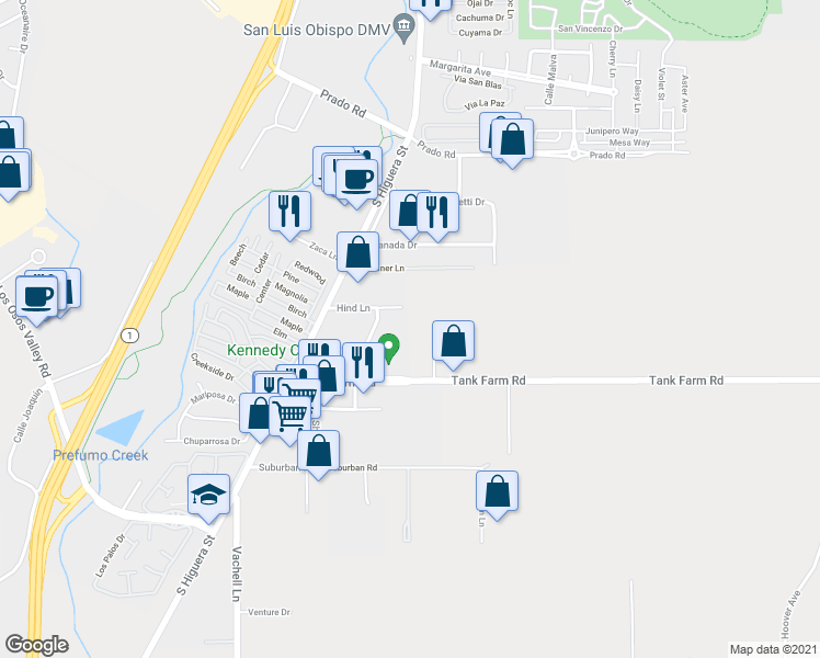 map of restaurants, bars, coffee shops, grocery stores, and more near 206 Tank Farm Road in San Luis Obispo