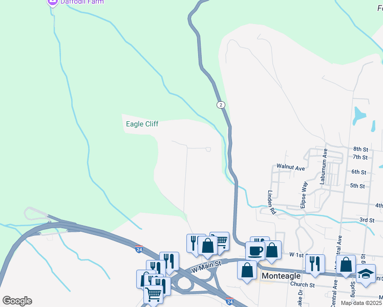 map of restaurants, bars, coffee shops, grocery stores, and more near 121 Valley View Drive in Monteagle