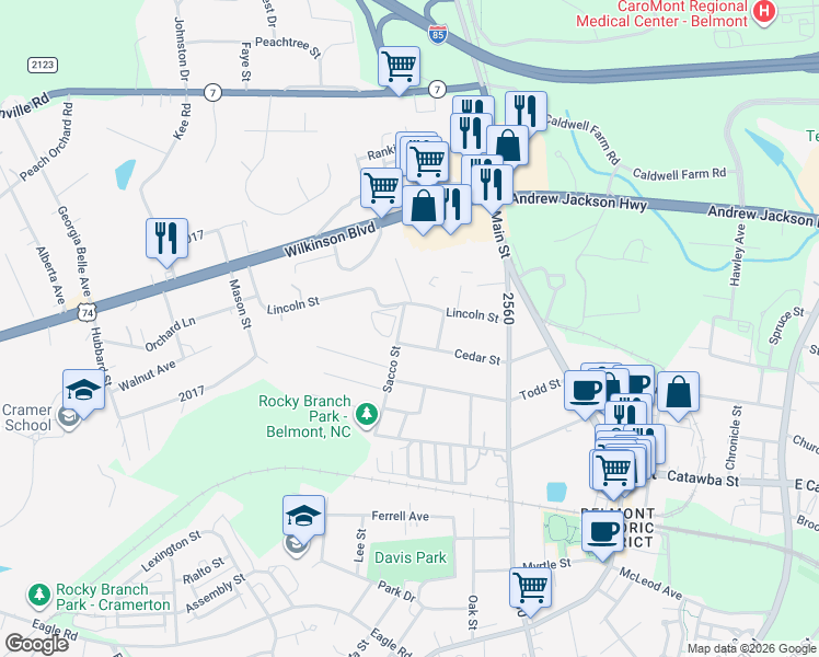 map of restaurants, bars, coffee shops, grocery stores, and more near 306 Sacco Street in Belmont
