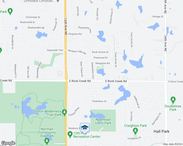 map of restaurants, bars, coffee shops, grocery stores, and more near 2400 Northern Hills Road in Norman