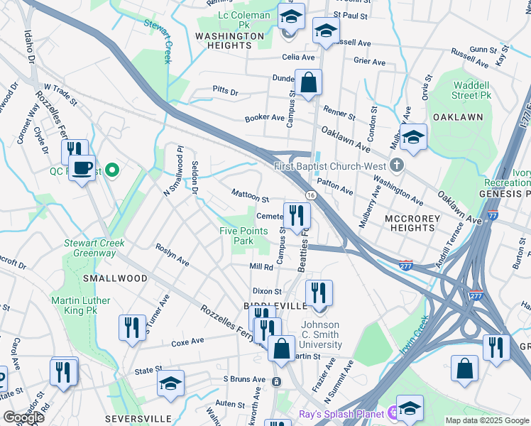 map of restaurants, bars, coffee shops, grocery stores, and more near 309 Cemetery Street in Charlotte