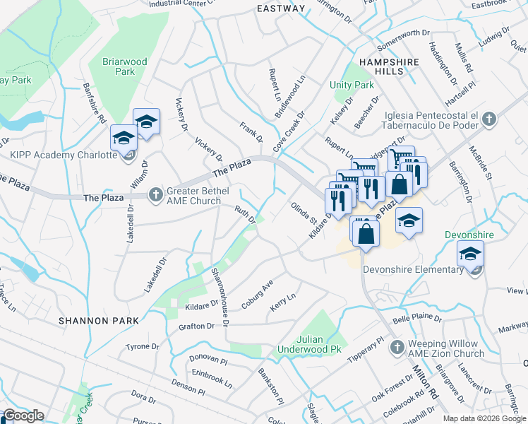 map of restaurants, bars, coffee shops, grocery stores, and more near 5517 Cutshaw Court in Charlotte