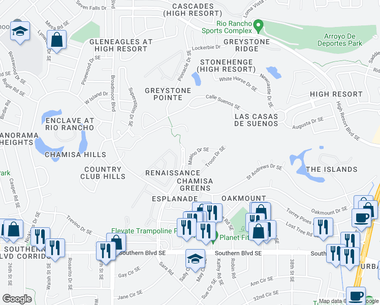 map of restaurants, bars, coffee shops, grocery stores, and more near 3377 Marino Drive in Rio Rancho