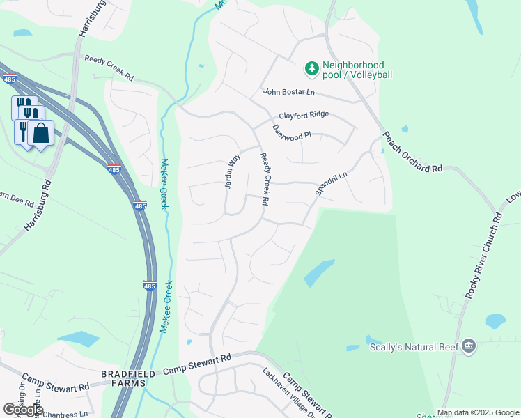 map of restaurants, bars, coffee shops, grocery stores, and more near 6855 Reedy Creek Road in Charlotte