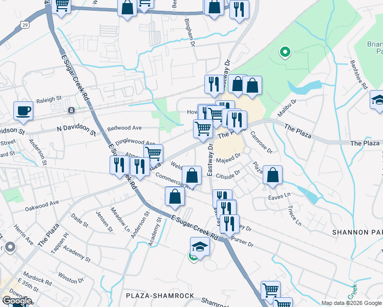 map of restaurants, bars, coffee shops, grocery stores, and more near 4240 The Plaza in Charlotte