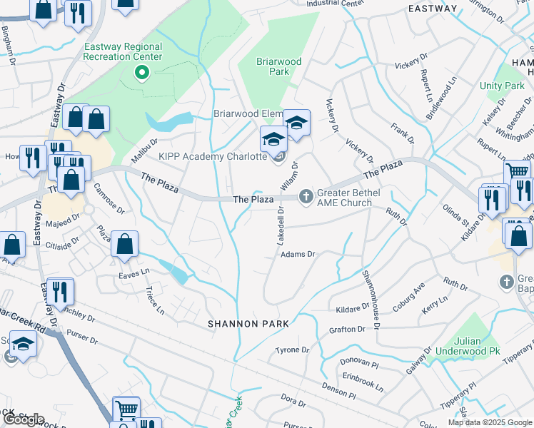 map of restaurants, bars, coffee shops, grocery stores, and more near 5124 Plaza Meadow Drive in Charlotte