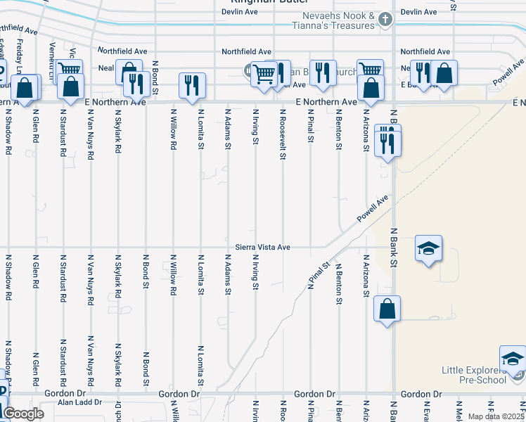 map of restaurants, bars, coffee shops, grocery stores, and more near 4300 North Irving Street in Kingman