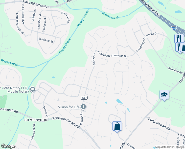 map of restaurants, bars, coffee shops, grocery stores, and more near 10009 Brawley Lane in Charlotte