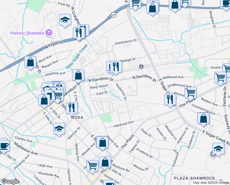 map of restaurants, bars, coffee shops, grocery stores, and more near 634 Anderson Street in Charlotte