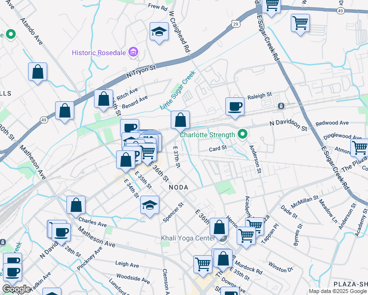 map of restaurants, bars, coffee shops, grocery stores, and more near in Charlotte