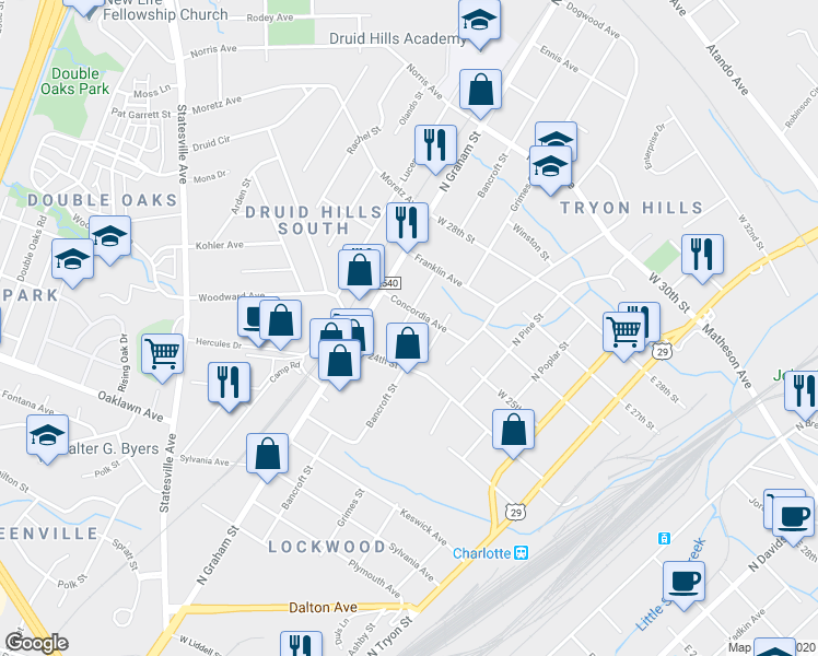 map of restaurants, bars, coffee shops, grocery stores, and more near in Charlotte