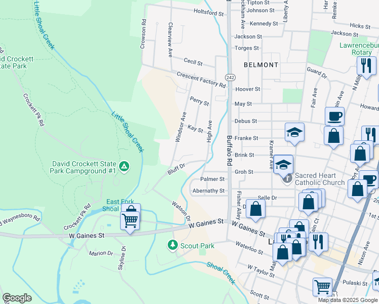 map of restaurants, bars, coffee shops, grocery stores, and more near 106 Bluff Drive in Lawrenceburg