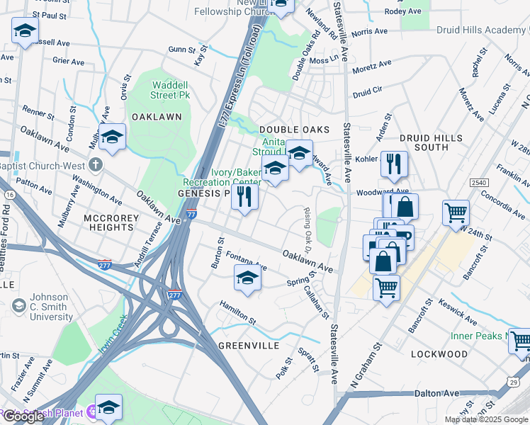 map of restaurants, bars, coffee shops, grocery stores, and more near 1810 Stroud Park Court in Charlotte