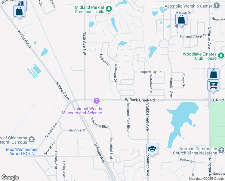 map of restaurants, bars, coffee shops, grocery stores, and more near 2503 Lerkim Circle in Norman