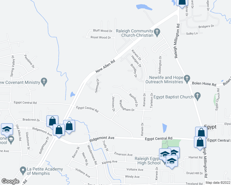 map of restaurants, bars, coffee shops, grocery stores, and more near 3748 Walsingham Drive in Memphis