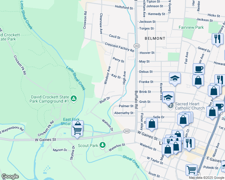 map of restaurants, bars, coffee shops, grocery stores, and more near 106 Bluff Drive in Lawrenceburg