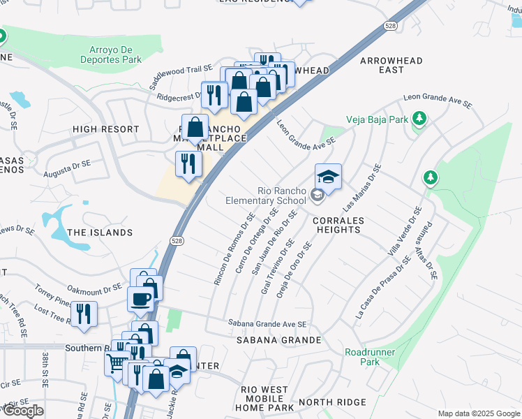 map of restaurants, bars, coffee shops, grocery stores, and more near 506 Rincon De Romos Drive Southeast in Rio Rancho