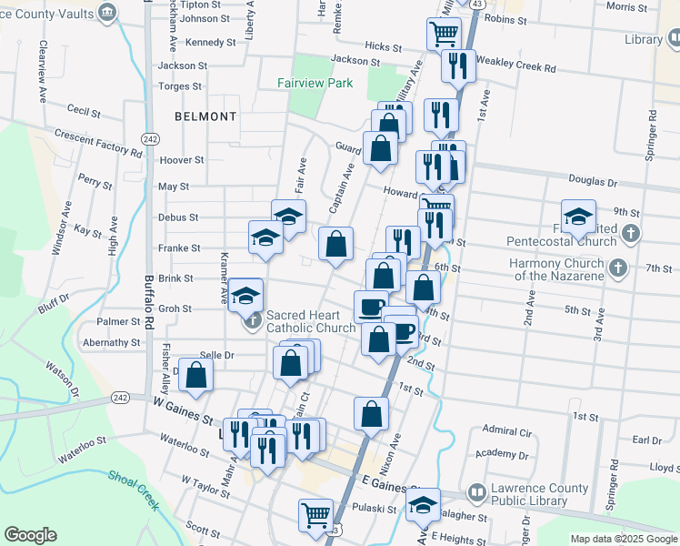 map of restaurants, bars, coffee shops, grocery stores, and more near 702 North Military Avenue in Loretto