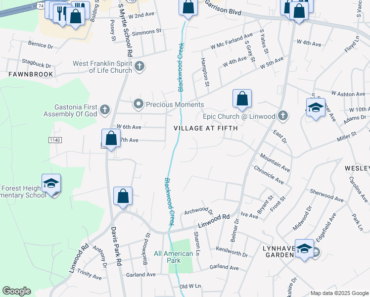 map of restaurants, bars, coffee shops, grocery stores, and more near 916 Sherman Street in Gastonia