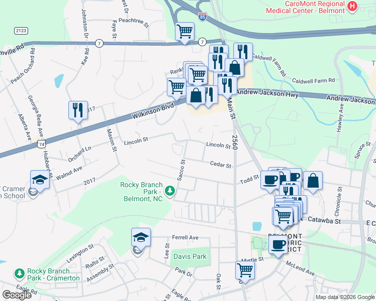 map of restaurants, bars, coffee shops, grocery stores, and more near 306 Sacco Street in Belmont