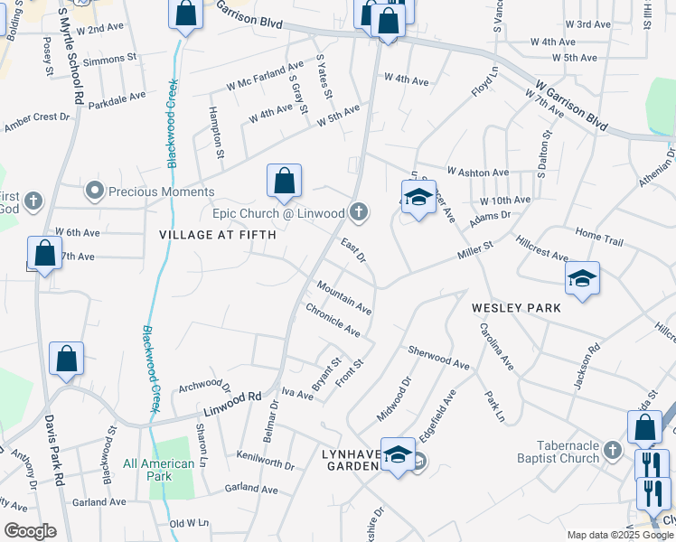 map of restaurants, bars, coffee shops, grocery stores, and more near 1301 Cloninger Avenue in Gastonia