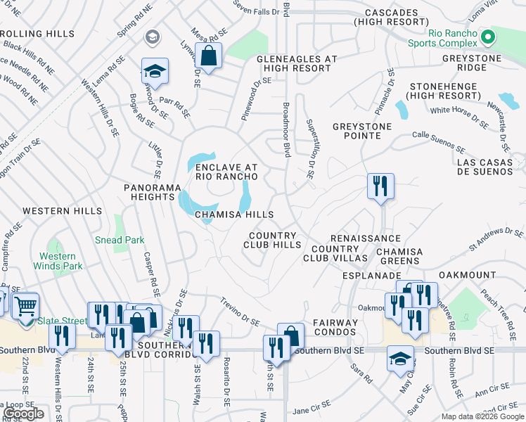 map of restaurants, bars, coffee shops, grocery stores, and more near 688 Lakeview Circle Southeast in Rio Rancho