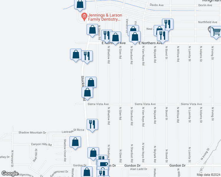 map of restaurants, bars, coffee shops, grocery stores, and more near 4310 North Shadow Road in Kingman