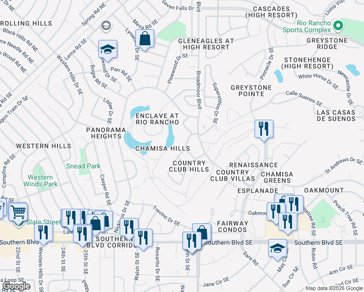 map of restaurants, bars, coffee shops, grocery stores, and more near 688 Lakeview Circle Southeast in Rio Rancho
