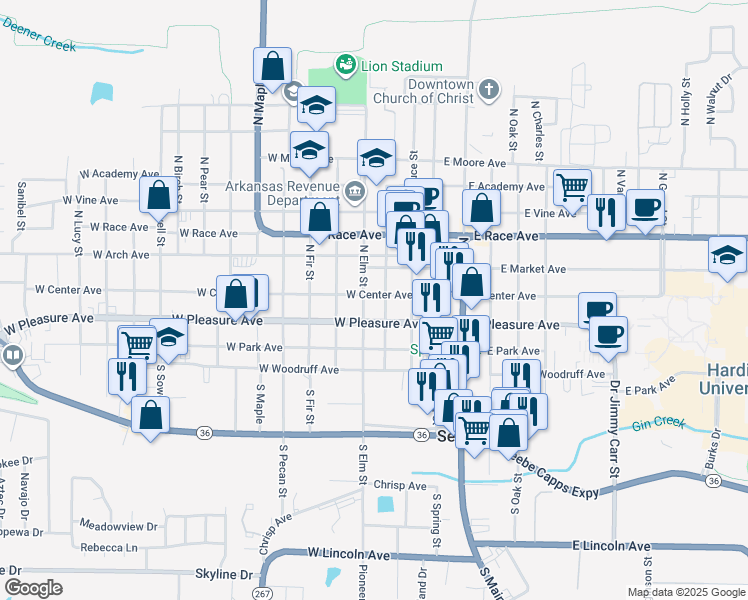 map of restaurants, bars, coffee shops, grocery stores, and more near 303 West Center Avenue in Searcy
