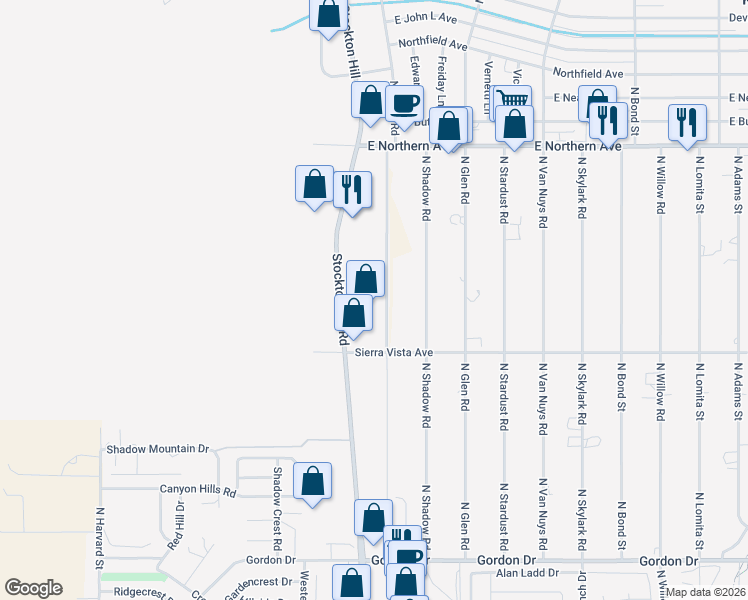map of restaurants, bars, coffee shops, grocery stores, and more near 4305 North Sierra Road in Kingman