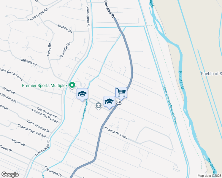 map of restaurants, bars, coffee shops, grocery stores, and more near 6445 Corrales Road in Corrales