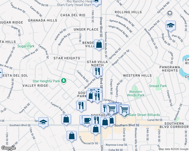 map of restaurants, bars, coffee shops, grocery stores, and more near 590 Star Villa Cir SE in Rio Rancho