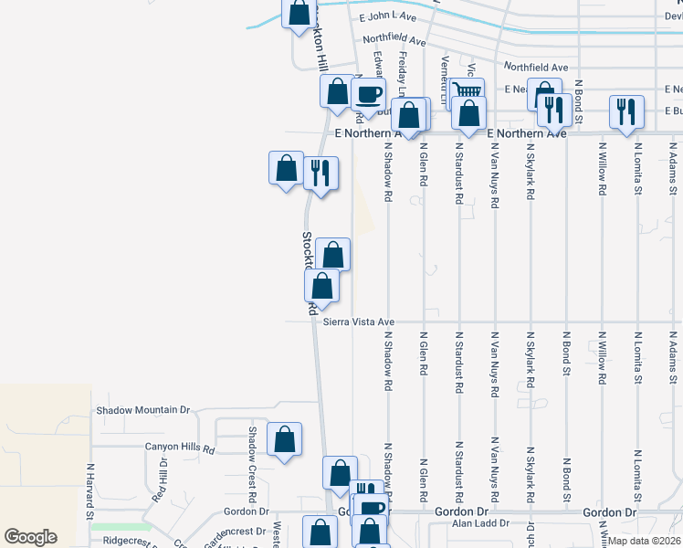map of restaurants, bars, coffee shops, grocery stores, and more near 4305 North Sierra Road in Kingman