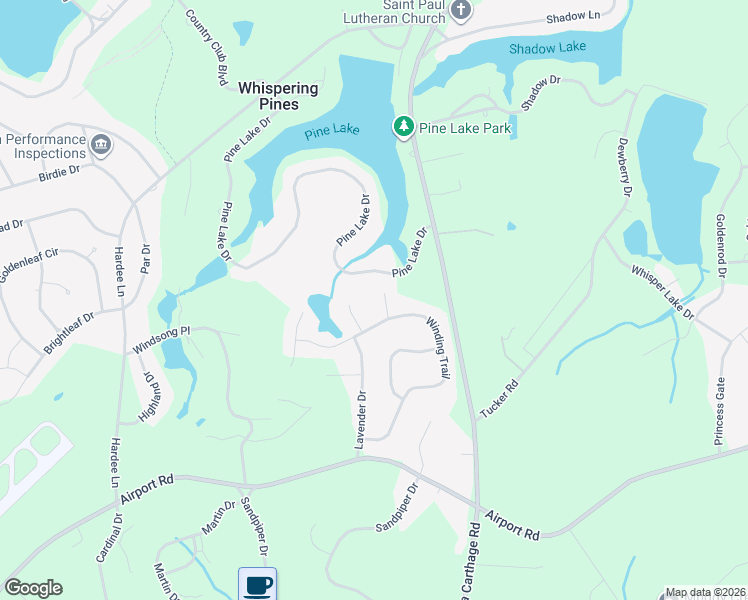 map of restaurants, bars, coffee shops, grocery stores, and more near 7 Dahlia Way in Whispering Pines