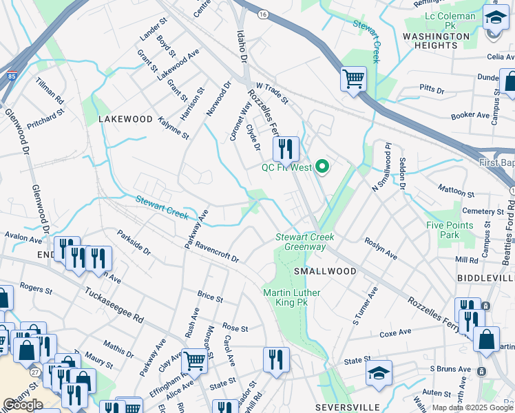 map of restaurants, bars, coffee shops, grocery stores, and more near 2759 Coronet Way in Charlotte