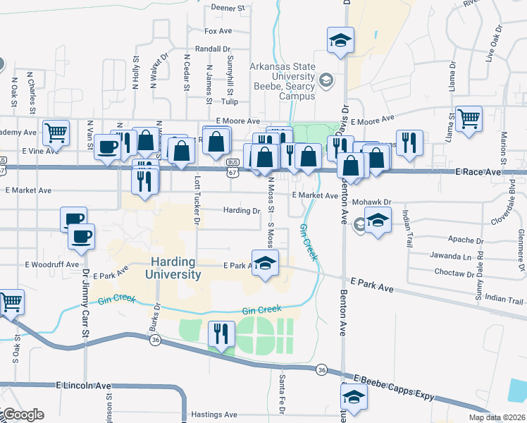 map of restaurants, bars, coffee shops, grocery stores, and more near 27 Harding Drive in Searcy