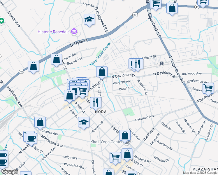 map of restaurants, bars, coffee shops, grocery stores, and more near 605 Patterson Street in Charlotte