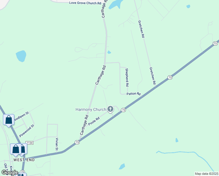 map of restaurants, bars, coffee shops, grocery stores, and more near Fairgrove Lane in Moore County