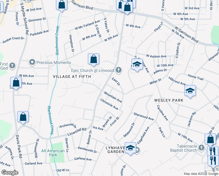 map of restaurants, bars, coffee shops, grocery stores, and more near 1303 Cloninger Avenue in Gastonia