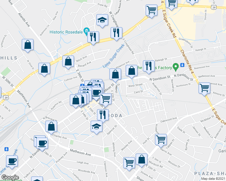map of restaurants, bars, coffee shops, grocery stores, and more near 511 East 37th Street in Charlotte