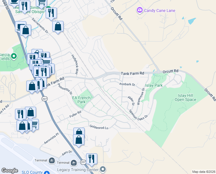 map of restaurants, bars, coffee shops, grocery stores, and more near 1226 Sawleaf Street in San Luis Obispo