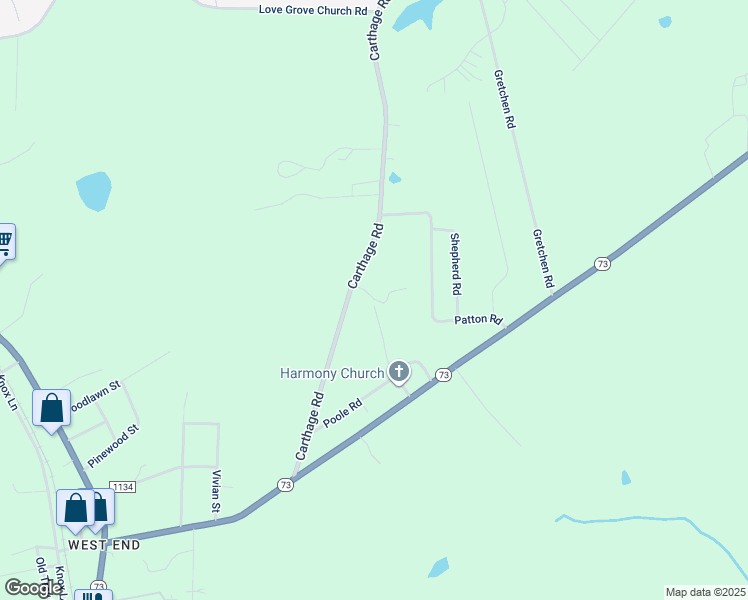 map of restaurants, bars, coffee shops, grocery stores, and more near Fairgrove Lane in Moore County