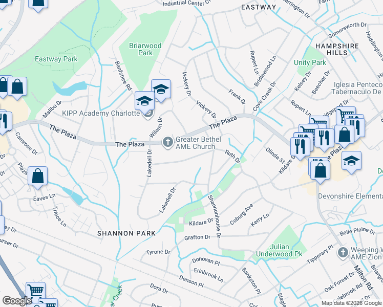 map of restaurants, bars, coffee shops, grocery stores, and more near 5321 Ruth Drive in Charlotte