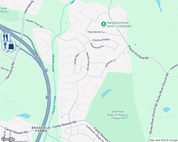 map of restaurants, bars, coffee shops, grocery stores, and more near 6855 Reedy Creek Road in Charlotte