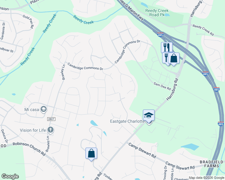 map of restaurants, bars, coffee shops, grocery stores, and more near 10642 Bradstreet Commons Way in Charlotte