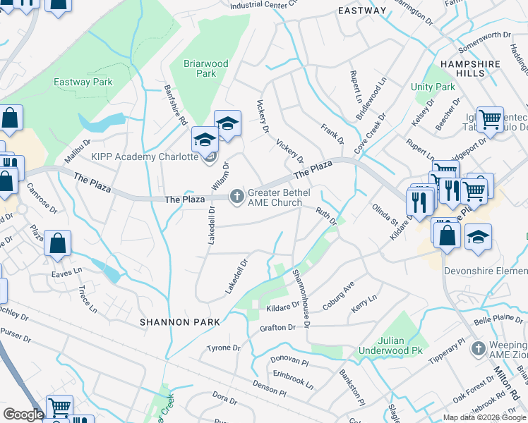 map of restaurants, bars, coffee shops, grocery stores, and more near 5321 Ruth Drive in Charlotte