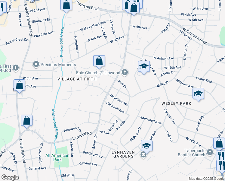 map of restaurants, bars, coffee shops, grocery stores, and more near 1303 Cloninger Avenue in Gastonia