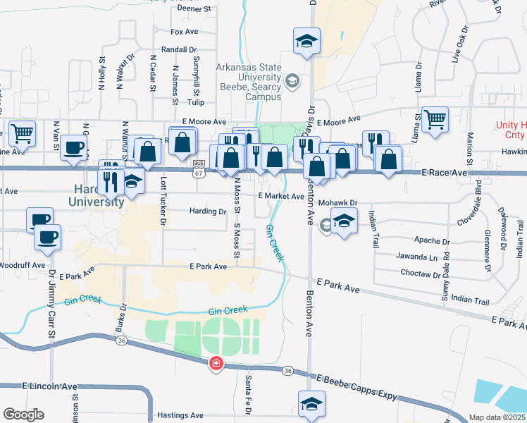 map of restaurants, bars, coffee shops, grocery stores, and more near 4 Thompson Circle in Searcy