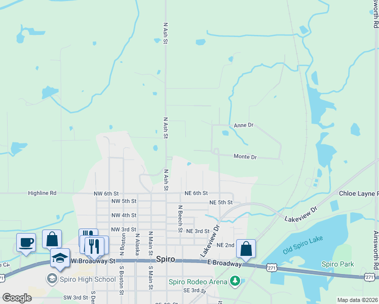 map of restaurants, bars, coffee shops, grocery stores, and more near 18828 Sand Plant Road in Spiro