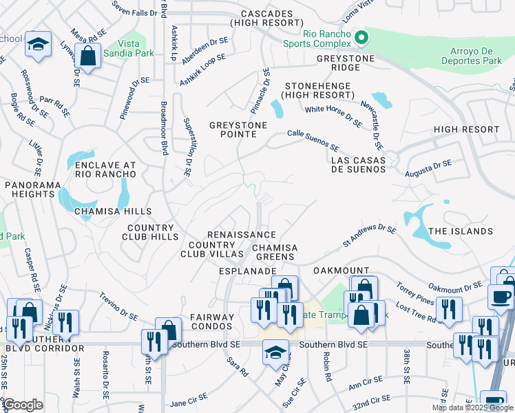map of restaurants, bars, coffee shops, grocery stores, and more near Country Club Drive Southeast in Rio Rancho